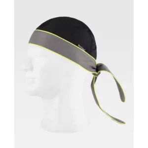 Bandana combinada con vivos flúor WorkTeam M640, Negro/Gris/Amarillo flúor, vista oblicua sobre maniquí