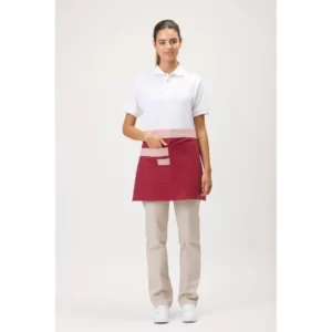 Delantal francés corto canvas WorkTeam M755, Granate/Rosa claro, vista frontal con persona