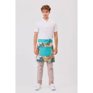 Delantal francés canvas WorkTeam M757, Estampado hojas tropicales/Turquesa, vista con persona