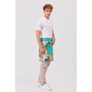 Delantal francés canvas WorkTeam M757, Estampado hojas tropicales/Turquesa, vista con persona