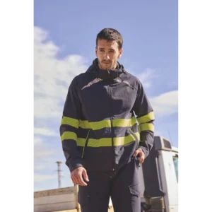 Chaqueta elástica reflectante WorkTeam S7879, Marino/Amarillo flúor, persona; vista frontal con chaqueta S7879 Marino/Amarillo Flúor