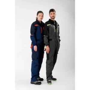 Buzo WorkTeam WF2720, Gris oscuro/Negro/Verde lima, persona; escena frontal de dos modelos