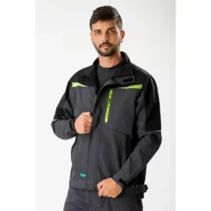 Chaqueta tricolor de canvas WorkTeam WF2752, Gris oscuro/Negro/Verde lima, vista frontal con persona
