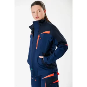 Chaqueta tricolor de canvas WorkTeam WF2752, Marino/Marino oscuro/Rojo flúor, vista frontal con persona