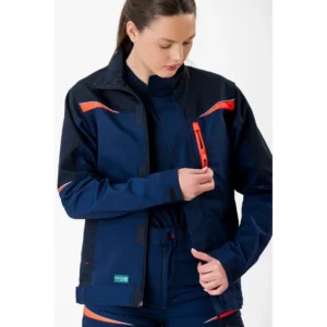 Chaqueta tricolor de canvas WorkTeam WF2752, Marino/Marino oscuro/Rojo flúor, detalle del bolsillo de pecho con persona
