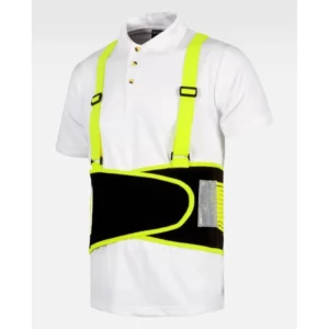 Faja lumbar con tirantes WorkTeam WFA305, Negro/Amarillo flúor, vista oblicua sobre maniquí