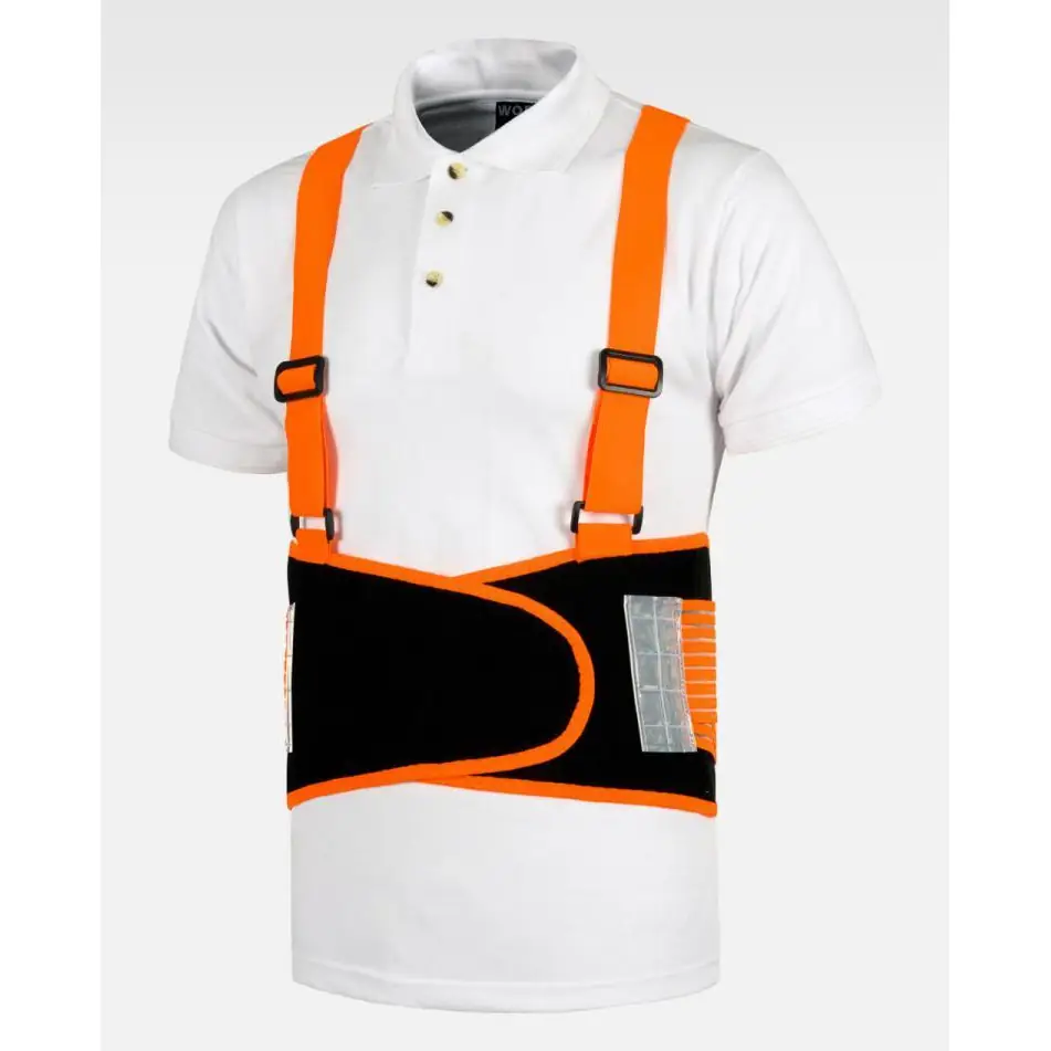 Faja lumbar con tirantes WorkTeam WFA305 2 Faja lumbar con tirantes WorkTeam WFA305, Negro/Naranja flúor, vista oblicua sobre maniquí