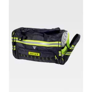 Bolsa de deporte WorkTeam WFA441, Negro/Amarillo fluor, vista lateral con bolsillo para calzado abierto