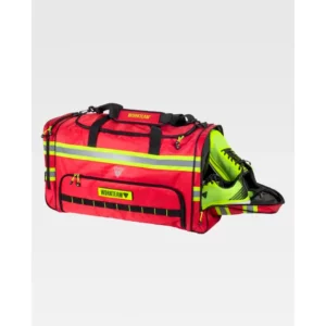 Bolsa de deporte WorkTeam WFA441, Rojo/Amarillo fluor, vista lateral con bolsillo para calzado abierto