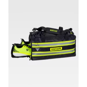 Bolsa de deporte WorkTeam WFA442, Negro/Amarillo fluor, vista lateral con bolsillo para calzado abierto