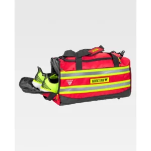 Bolsa de deporte WorkTeam WFA442, Rojo/Amarillo fluor, vista lateral con bolsillo para calzado abierto