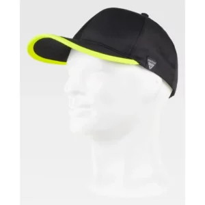 Gorra WorkTeam WFA907, Negro/Amarillo flúor, vista oblicua sobre maniquí
