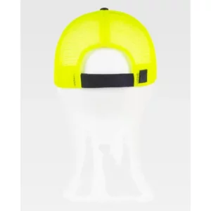 Gorra WorkTeam WFA908, Negro/Amarillo flúor, vista posterior sobre maniquí