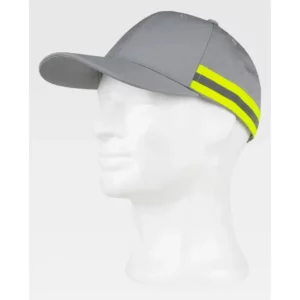 Gorra WorkTeam WFA909, Gris claro/Amarillo flúor, vista oblicua sobre maniquí