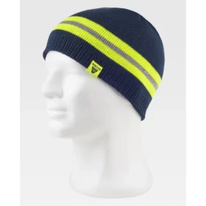 Gorro WorkTeam WFA919, Marino/Amarillo fluor, vista oblicua sobre maniquí
