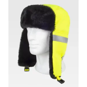 Gorro WorkTeam WFA935, Amarillo fluor/Negro, vista oblicua sobre maniquí