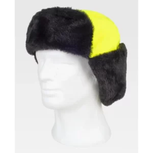 Gorro WorkTeam WFA935, Amarillo fluor/Negro, vista oblicua sobre maniquí; orejeras levantadas